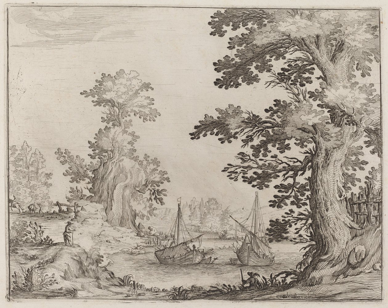 Paysage et rivière avec navires ancrés - Ercole Bazicaluva