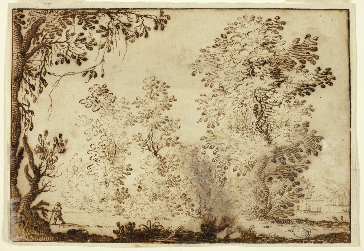 Paysage boisé avec un voyageur au premier plan - Ercole Bazzicaluva