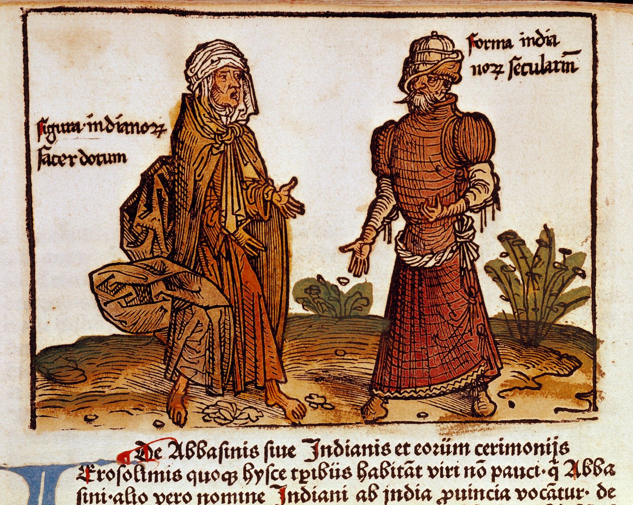 Description des costumes albanais : un prêtre et un laïc Page du livre de voyage Peregrinatio in terram sanctam après le pèlerinage en Terre Sainte de Bernard de Breydenbach (Breidenbach) (1454-1497) illustré par des gravures d