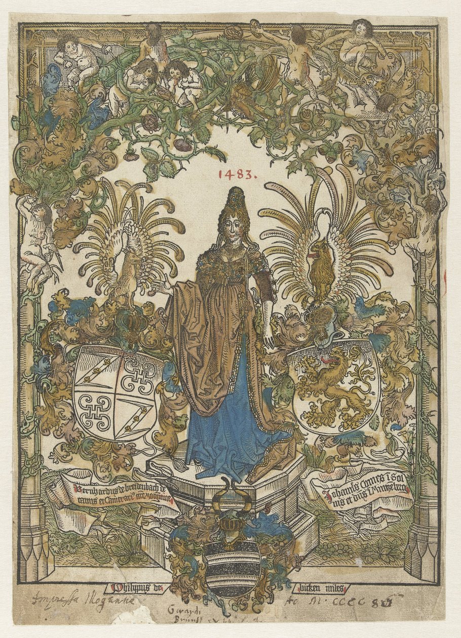 Frontispice avec femme sur piédestal avec les armes de Bernhard von Breydenbach et Johannes Comes - Erhard Reuwich