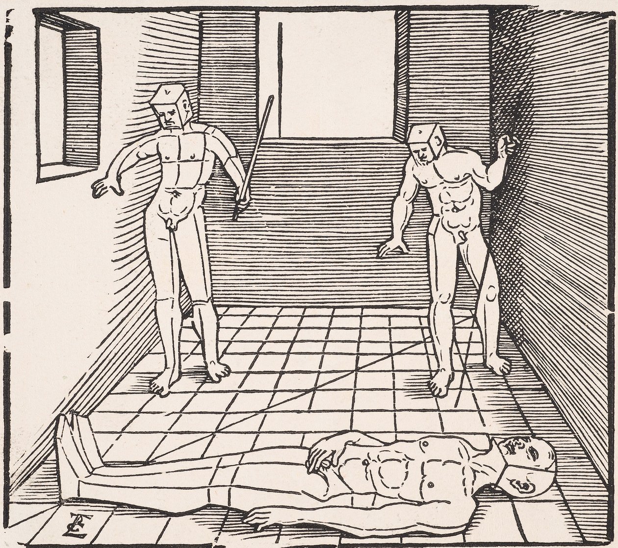 Trois figures masculines dans une pièce De: Unnderweissung der Proportzion - Erhard Schon