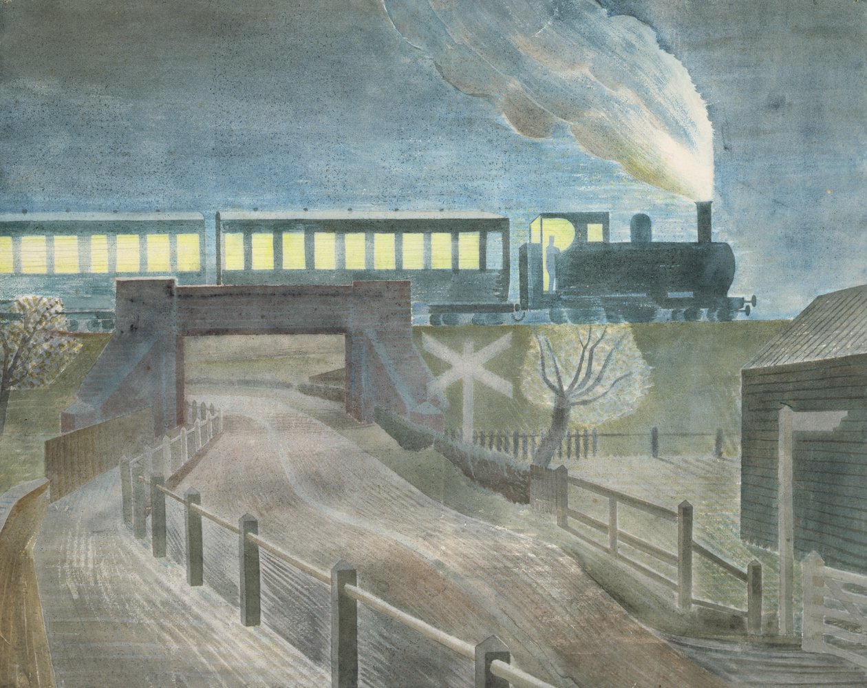 Train passant sur un pont la nuit - Eric Ravilious