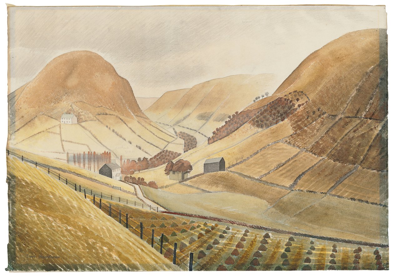 Gerbes de maïs et fermes - Hill Farm, Capel-y-ffin, Pays de Galles, 1938 - Eric Ravilious