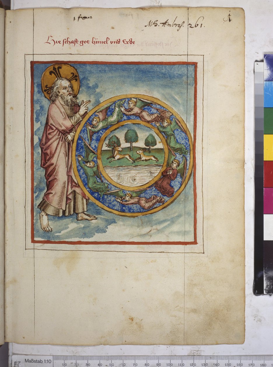 Pleine page : Dieu créant le ciel et la terre (dessin au crayon de couleur) - Erich Lessing