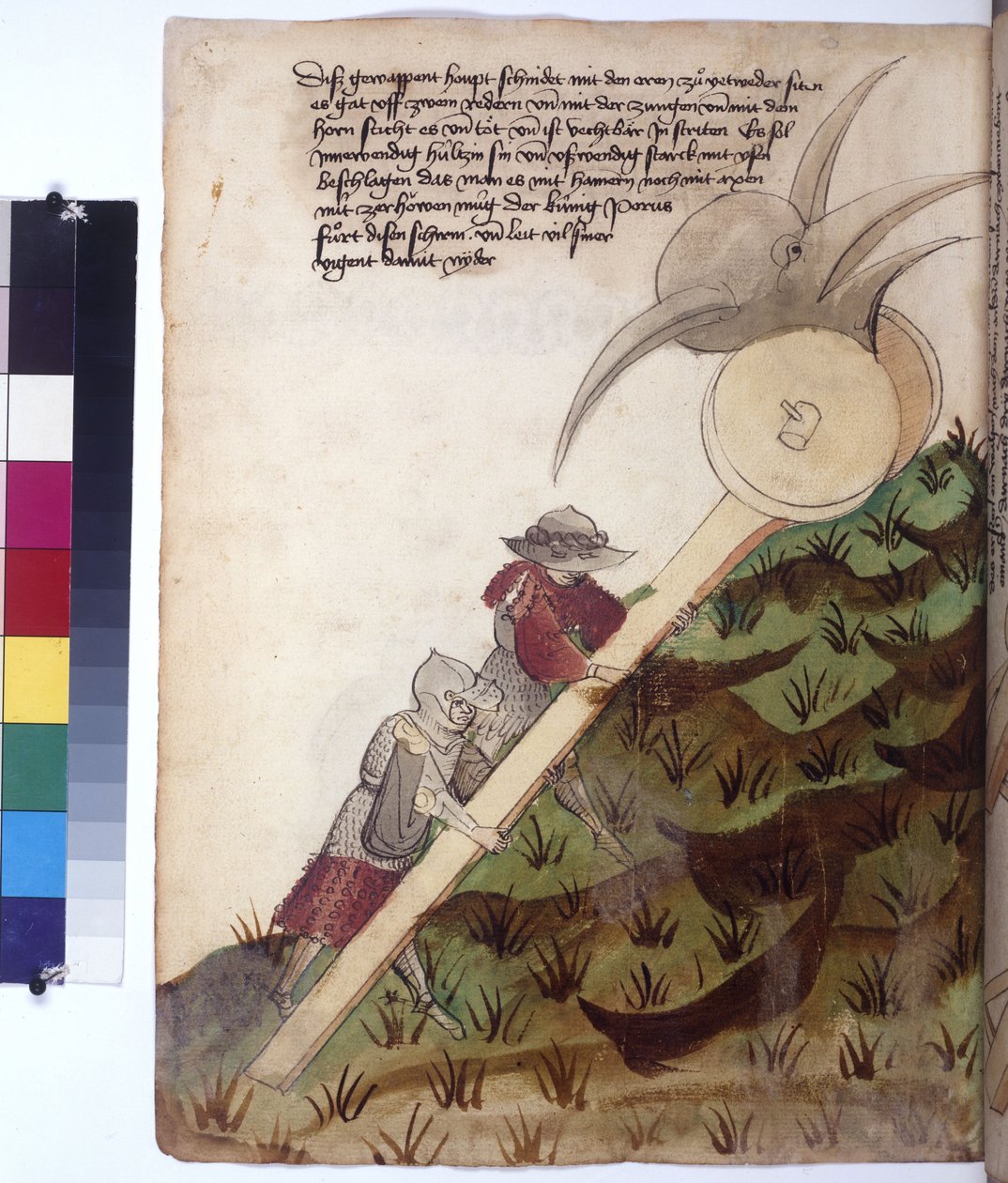 Pleine page : char à tête de fer armé poussé par deux soldats en armure, vers 1430 (dessin à la plume de couleur) - Erich Lessing