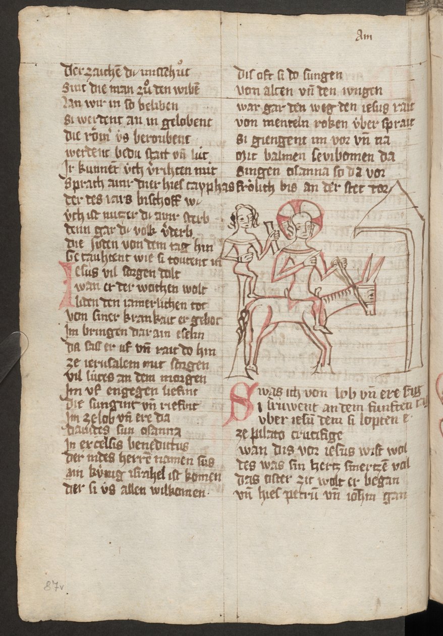 Pleine page : texte avec dessin aux crayons de couleur : Entrée à Jérusalem (dessin aux crayons de couleur) - Erich Lessing