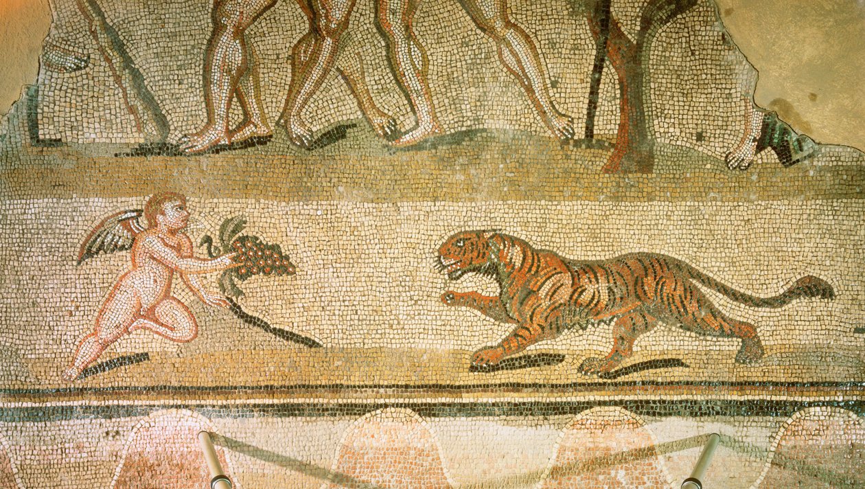 Putto et tigre. Mosaïque de la Villa Hermes, Aquincum, Hongrie - Erich Lessing