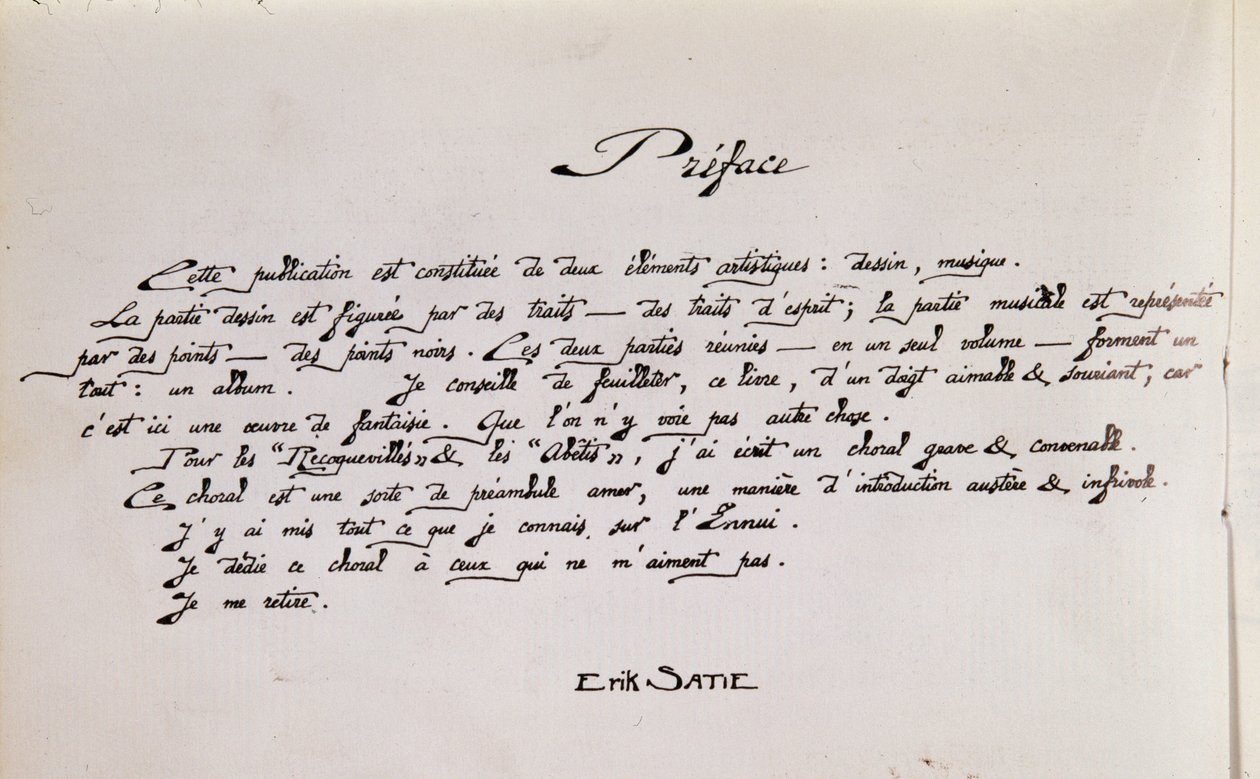 Page de préface manuscrite de partition avec dessins - Erik Satie