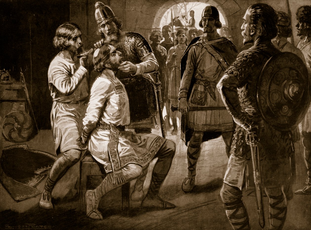 Ceolwulf, roi de Northumbrie, étant forcé de se faire tondre, 731, illustration de 