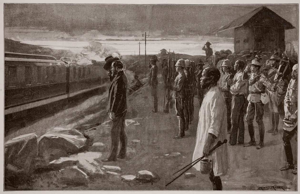 Le train transportant les restes de M. Rhodes salué par les gardes du Blockhouse en route vers les collines de Matopos - Ernest Prater