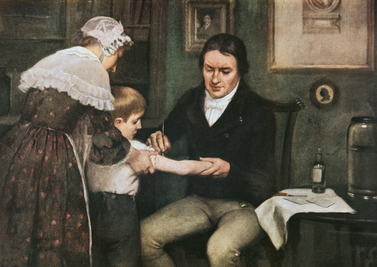 Dr Edward Jenner (1749-1823) effectuant sa première vaccination contre la variole sur James Phipps, garçon de huit ans, le 14 mai - Ernest Board