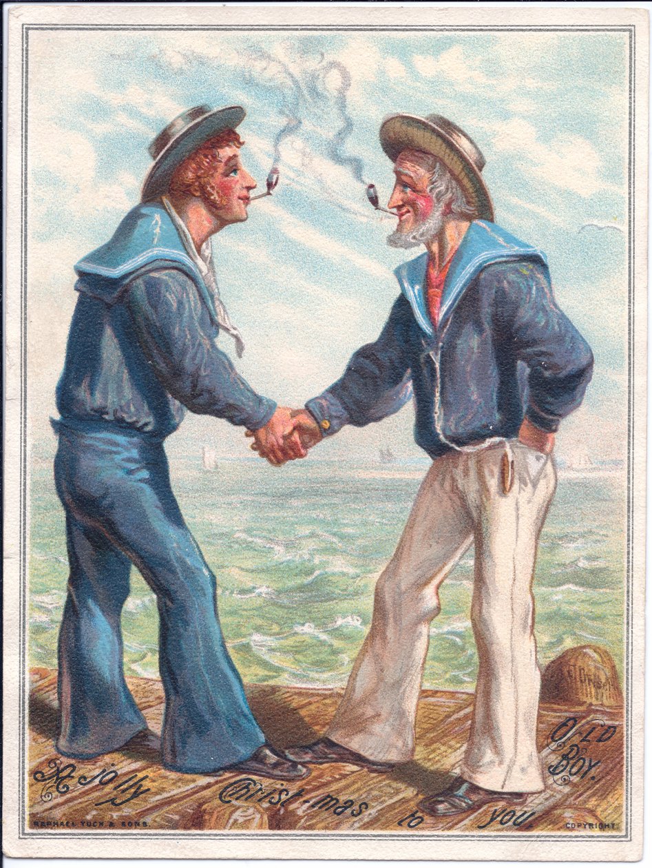 Carte de Noël victorienne de deux marins fumant des pipes en terre et se serrant la main, c.1880 - Ernest Henry Griset
