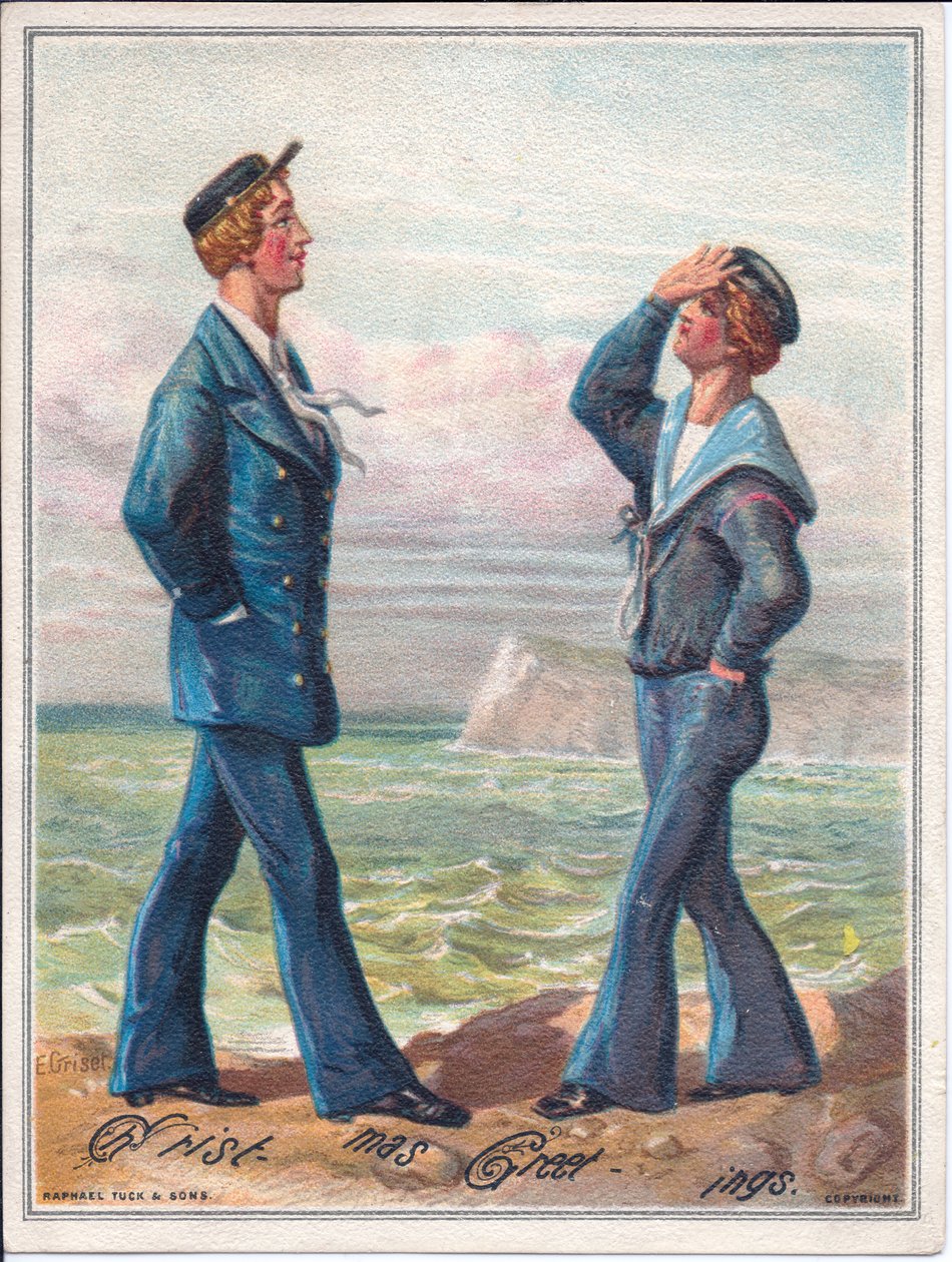 Carte de Noël victorienne de deux marins marchant près de l