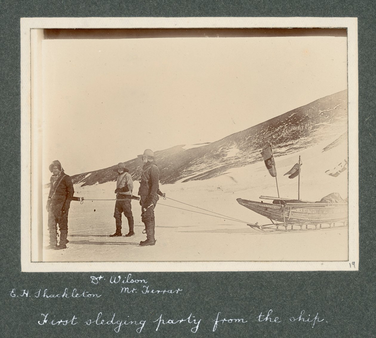 E H Shackleton, Dr Edward Wilson et M. Hartley Ferrar (le Géologue) attelés au traîneau. De l