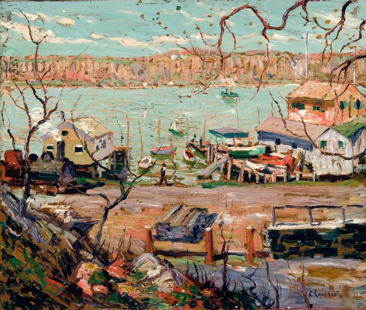 Scène de rivière - Bateaux et maisons - Ernest Lawson