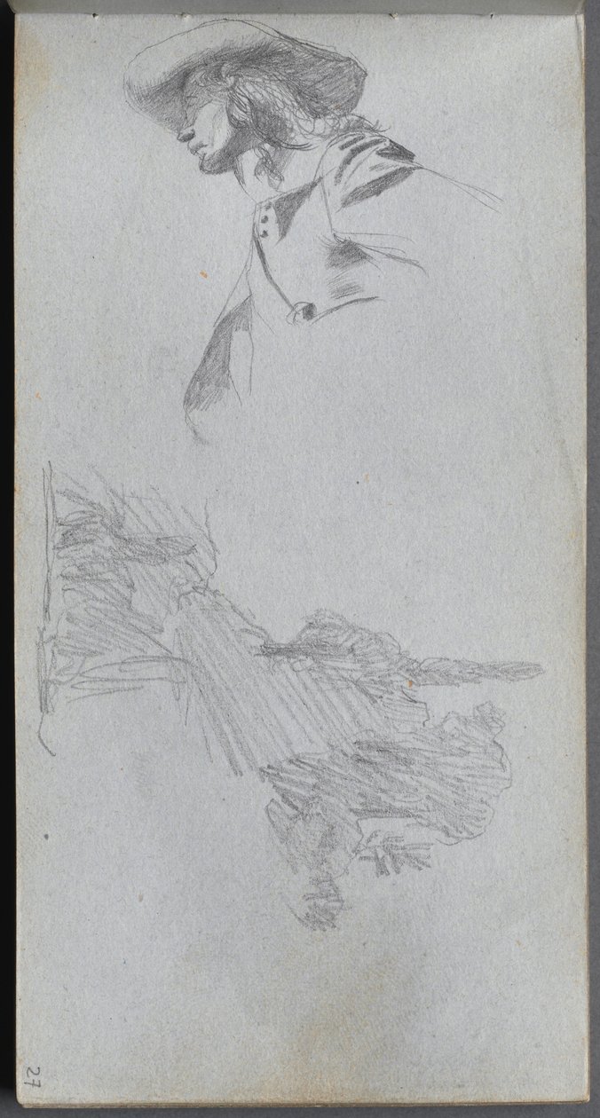 Carnet de croquis, page 27 : Étude de détail pour "Sur une terrasse" et étude de paysage - Ernest Meissonier