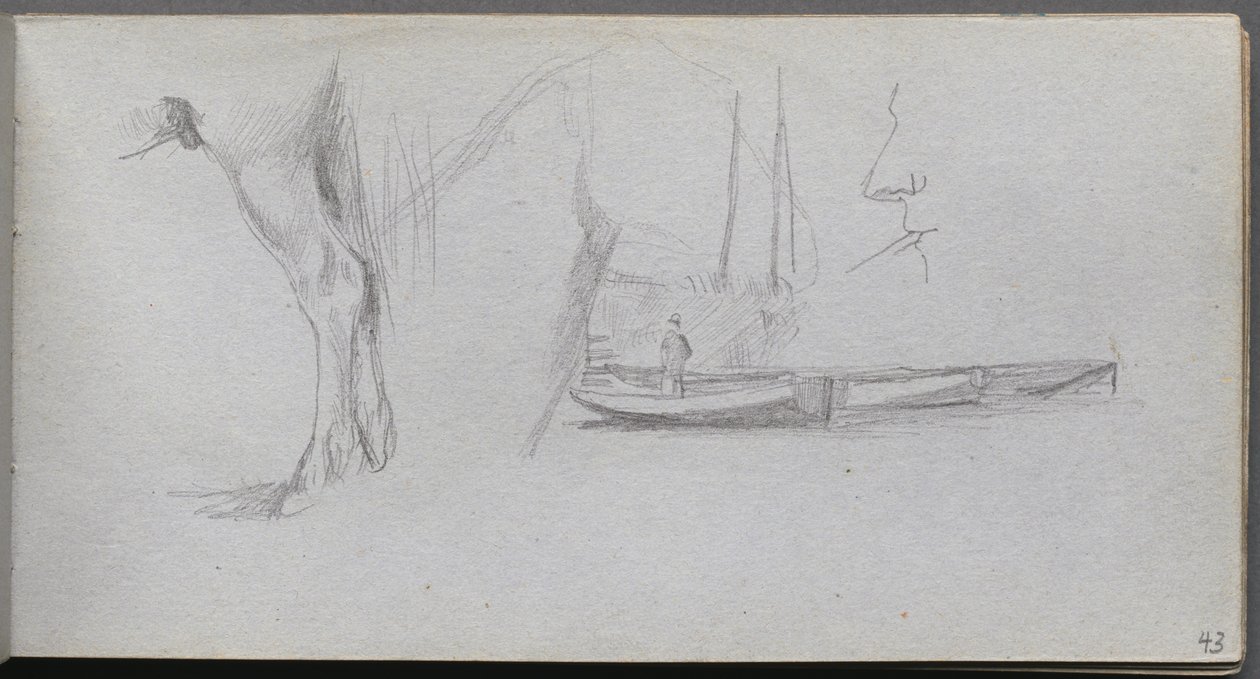 Carnet de croquis, page 43 : Études : Jambe de cheval, Figure dans un bateau, et Profil - Jean Louis Ernest Meissonier