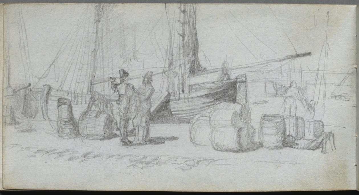 Carnet de croquis, page 50 : Bateaux, figures, cargaison sur une plage - Jean Louis Ernest Meissonier