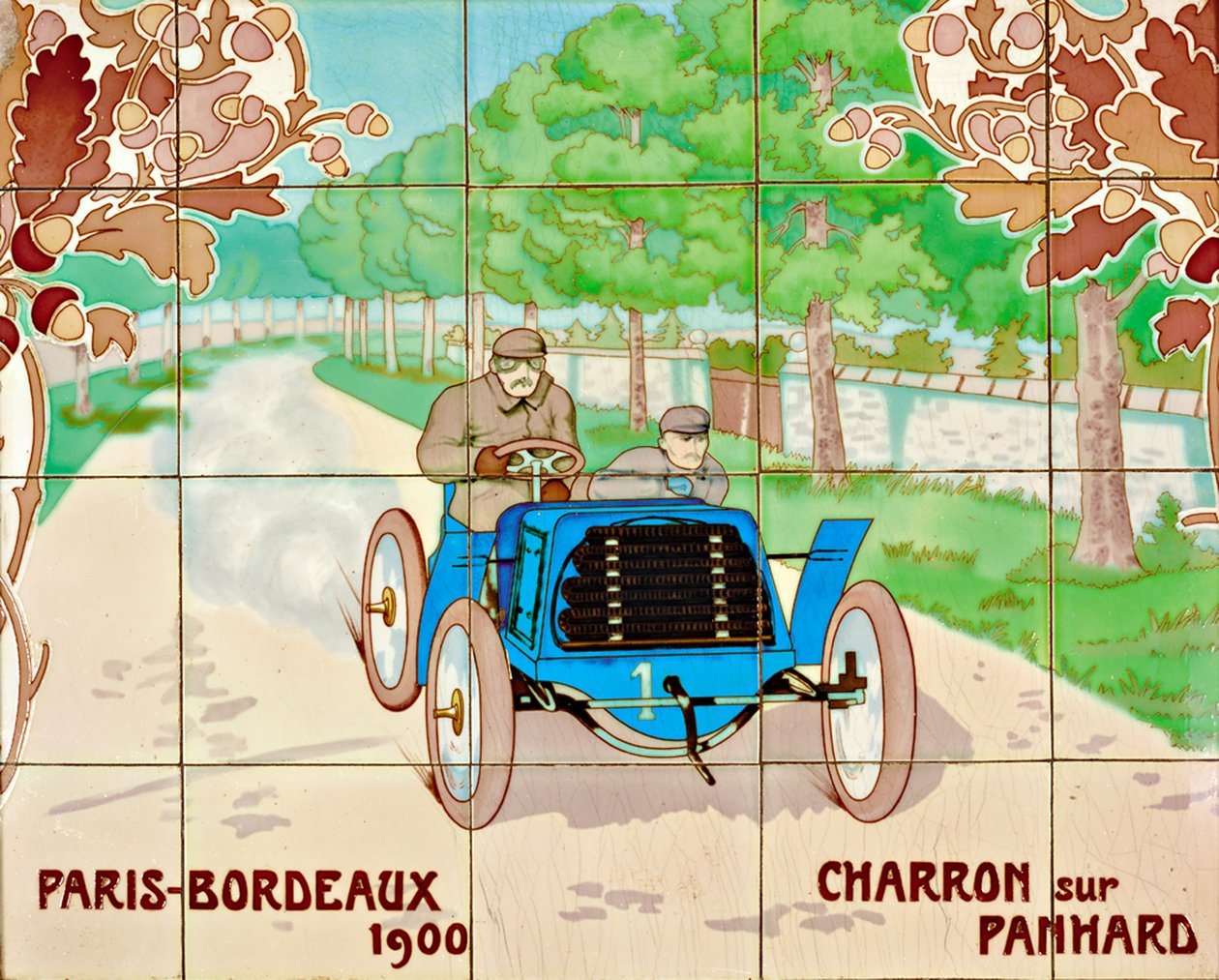 Charron conduisant une voiture Panhard dans la course Paris-Bordeaux de 1900 : carreaux de céramique fabriqués par Gilardoni Fils et Cie de Paris, d