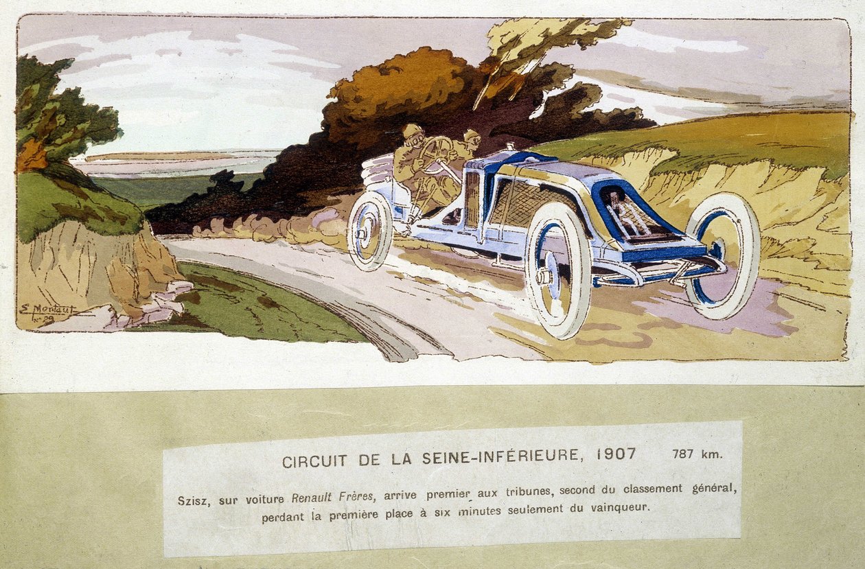 Circuit de la Seine-Inférieure, Szisz en voiture Renault Frères, arrivé premier aux stands, deuxième au classement général, perdant la première place seulement six minutes avant le vainqueur - Ernest Montaut