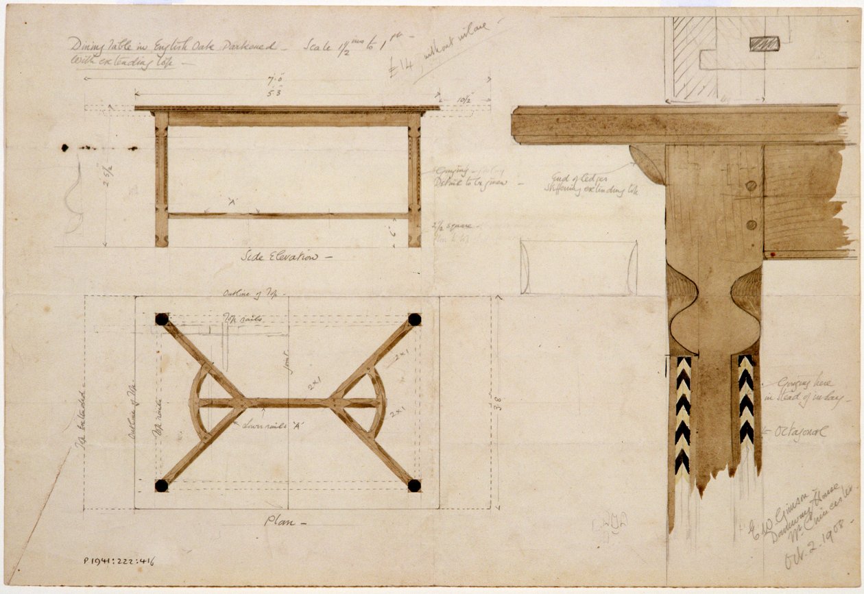 Design pour une table à manger en chêne anglais, foncé, avec un entretoise en râteau à foin, 2 octobre 1908 - Ernest William Gimson