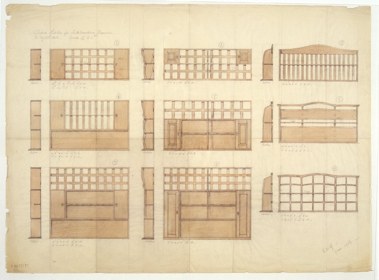 Designs pour des étagères à vaisselle, des buffets et des dressoirs en chêne anglais - Ernest William Gimson