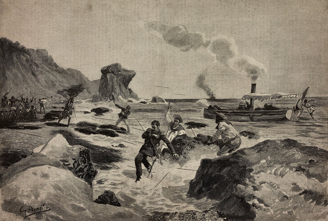 Assassinat du lieutenant Carlo Zavagli (1867-1890) à Warsheikh, en Somalie, 24 avril, gravure d