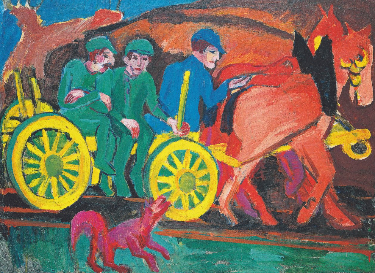 Attelage de chevaux avec trois paysans - Ernst Ludwig Kirchner