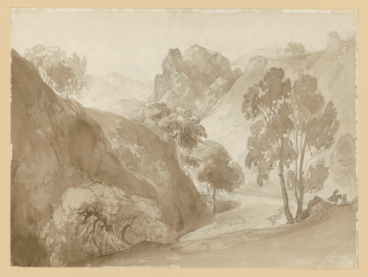 Vallée fluviale et paysage montagneux, avec personnages sur le chemin - Ernst Fries