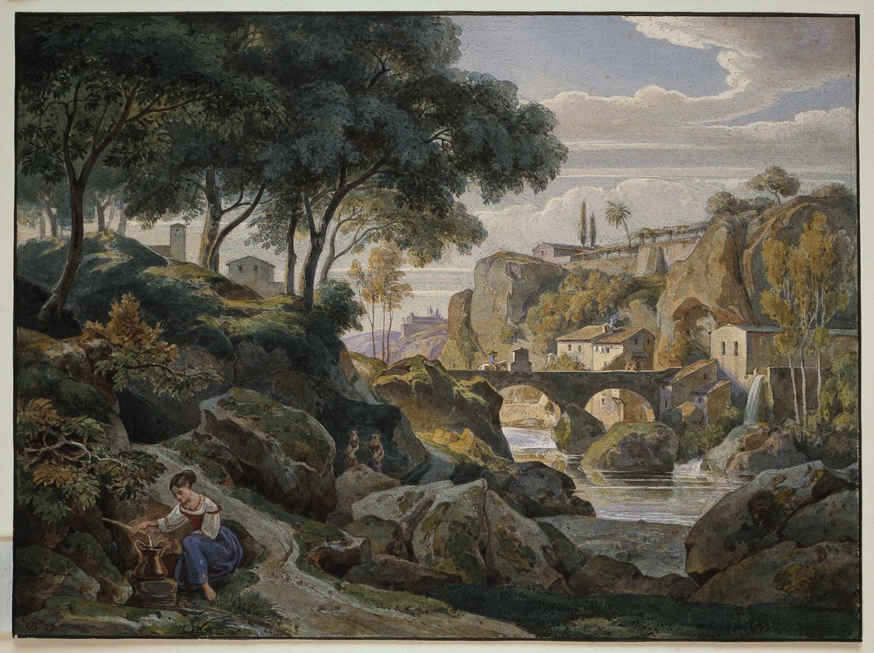 Paysage de montagne italien avec un pont en pierre - Ernst Fries