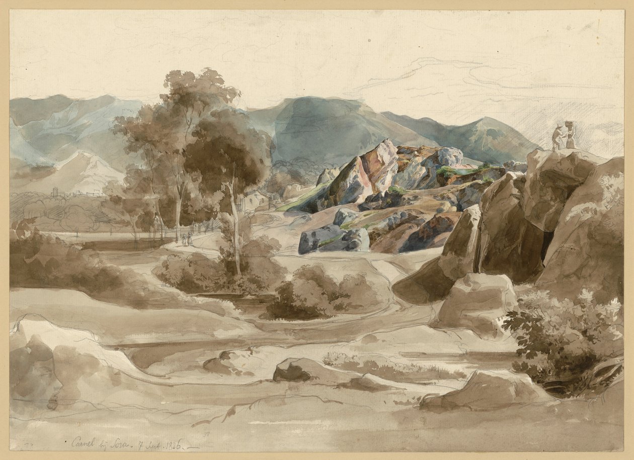 Paysage italien avec un ruisseau, des arbres, une maison au bord du chemin et un massif rocheux escarpé. Camel près de Sora - Ernst Fries