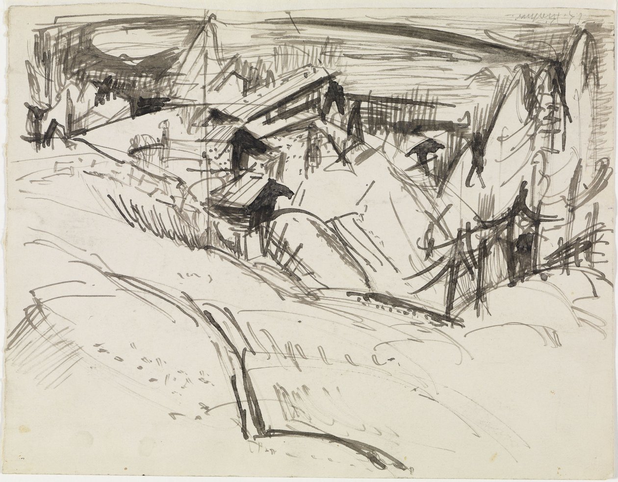 Alpage avec des chalets et des sapins - Ernst Ludwig Kirchner