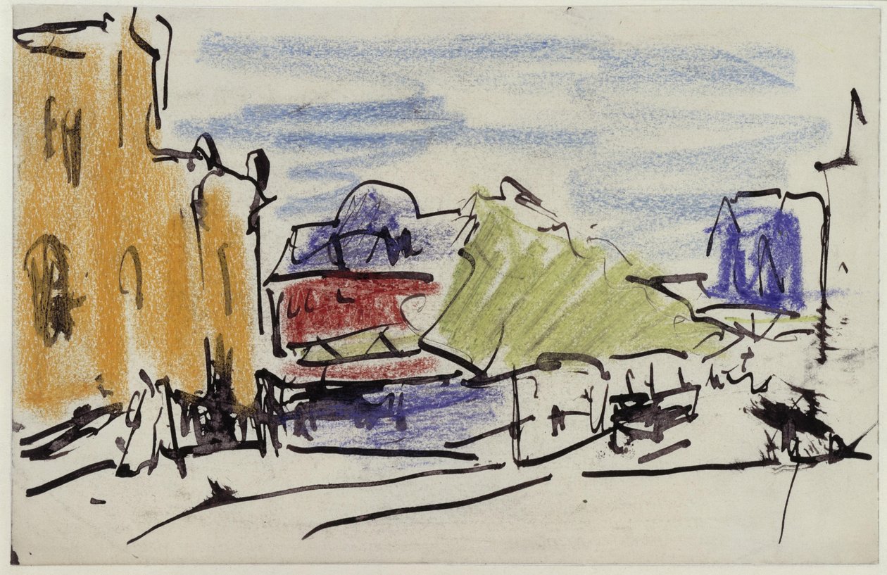Paysage fluvial avec maisons et passerelle - Ernst Ludwig Kirchner
