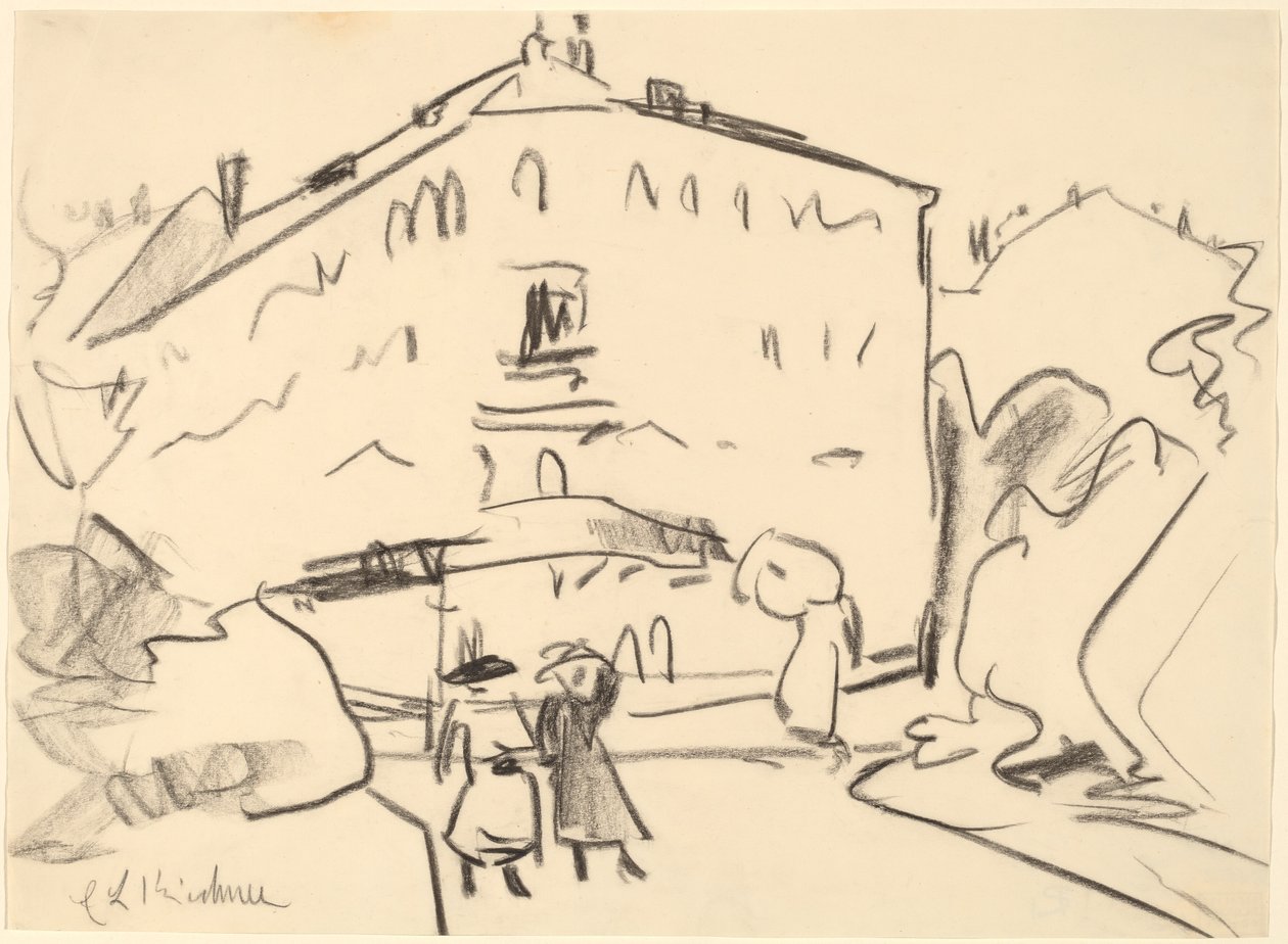 Maisons à Dresde avec des gens se promenant - Ernst Ludwig Kirchner