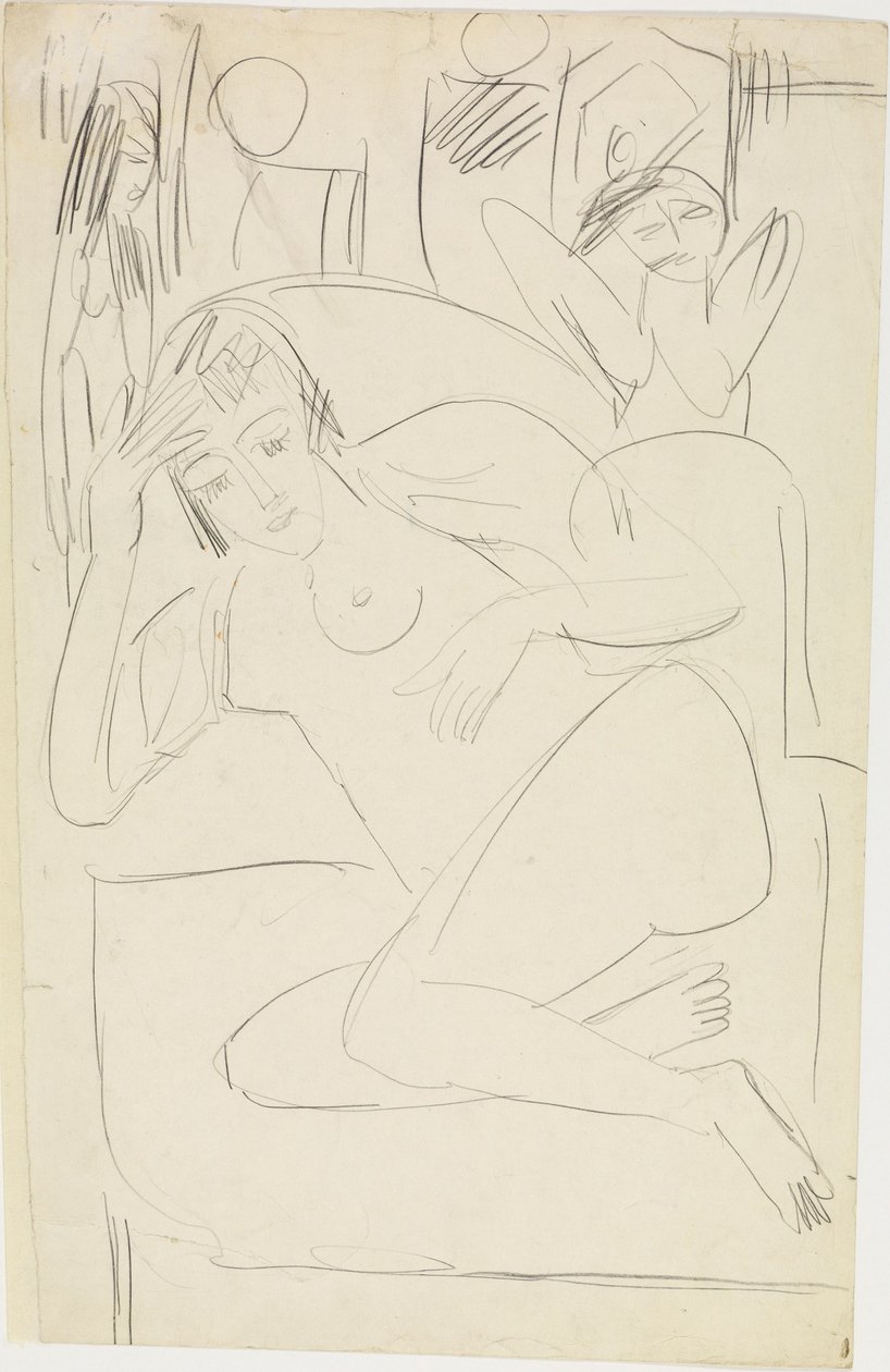 Nu féminin recroquevillé dans un fauteuil, avec des figurines en bois - Ernst Ludwig Kirchner