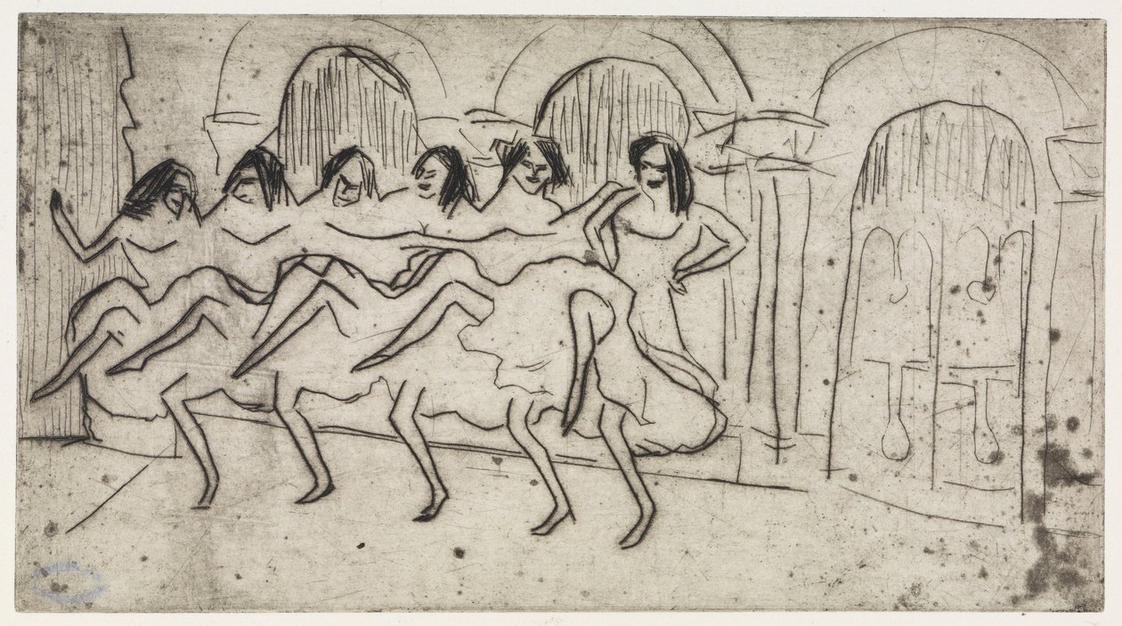 Lotte allongée sur un coussin / Six danseuses devant un décor en forme d