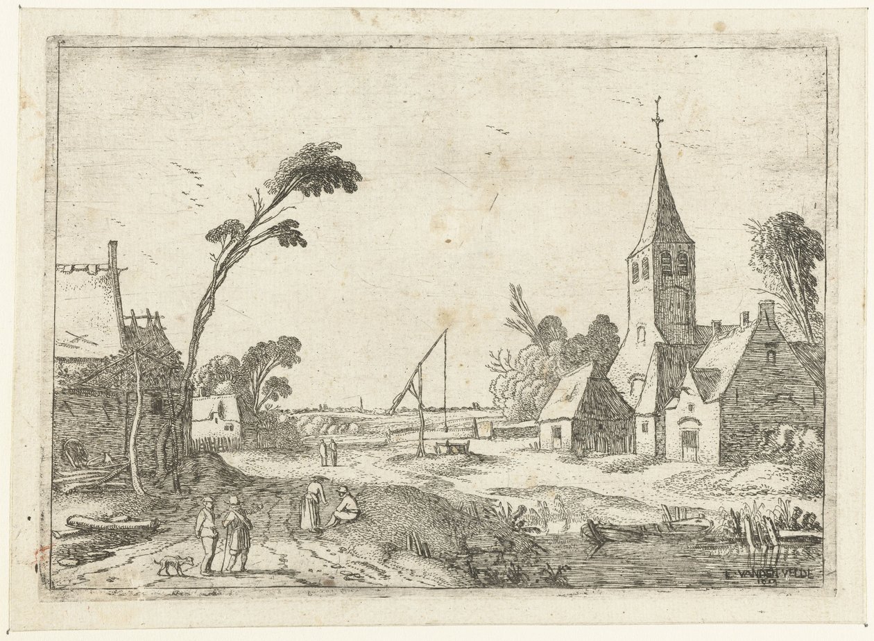 Vue de village avec fermes, église et puits (Paysages couchés) - Esaias van de Velde