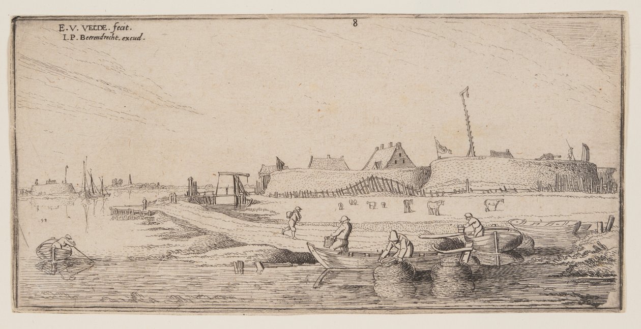 Pêcheurs en barque devant une ville fortifiée, extrait de Paysages - Esaias van de Velde