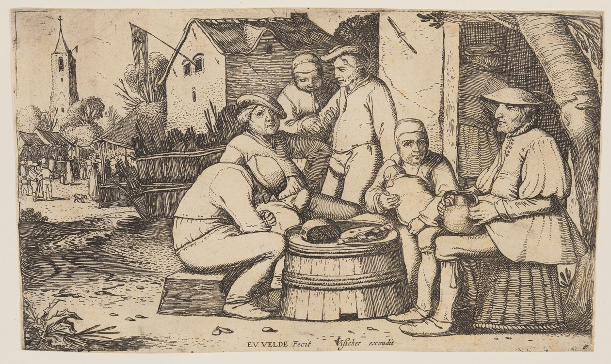 Six paysans utilisant un cul de tonneau comme table - Esaias van den Velde I