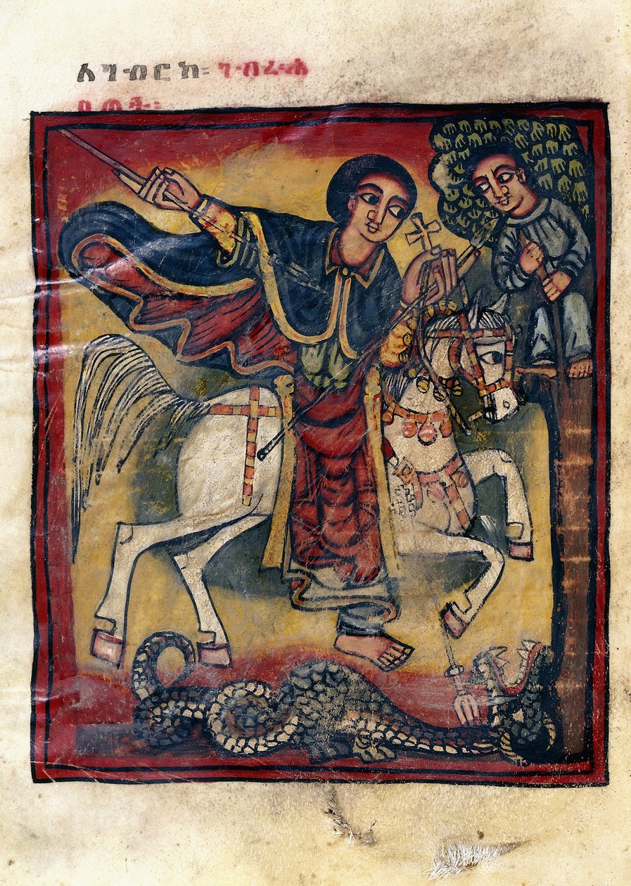 Folio 20v, Saint Georges sur son cheval blanc tuant le dragon, 1800 - Ethiopian School