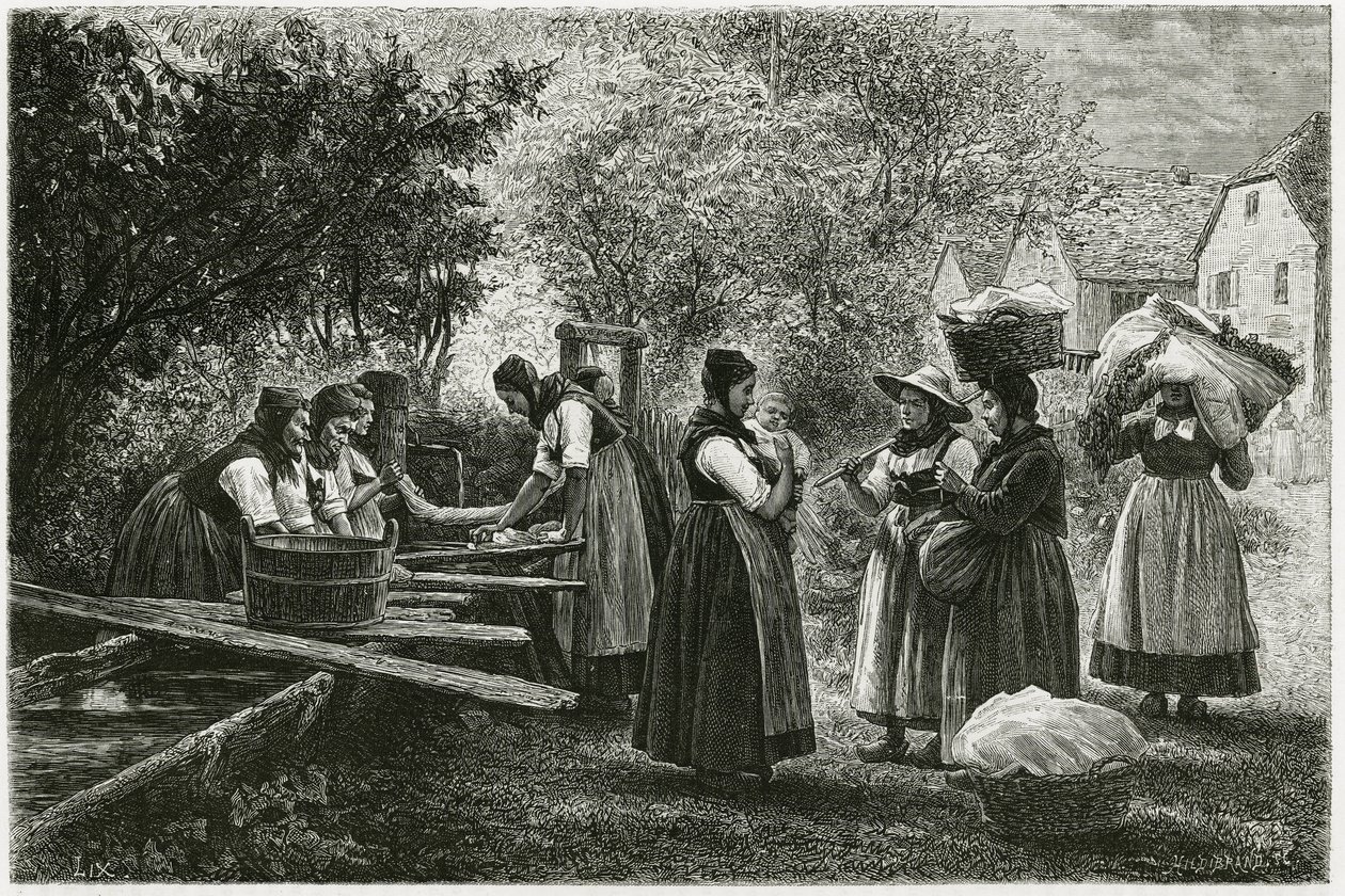 Une lessive à Metzeral, femmes portant des costumes traditionnels de la vallée se rassemblant à la fontaine du village (illustration de À travers l