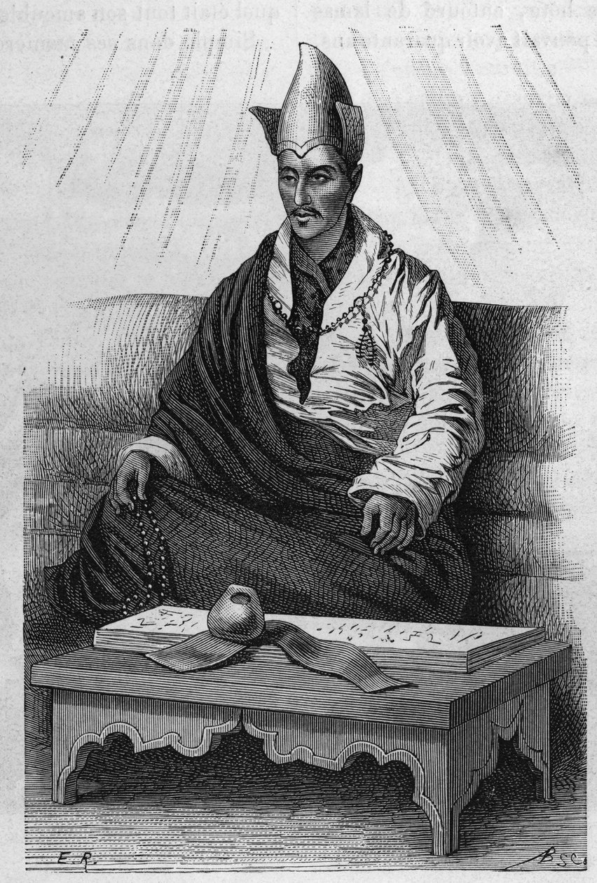 Portrait de « Khutukcha », un grand prêtre du Tibet dans les années 1870-1880. Gravure d
