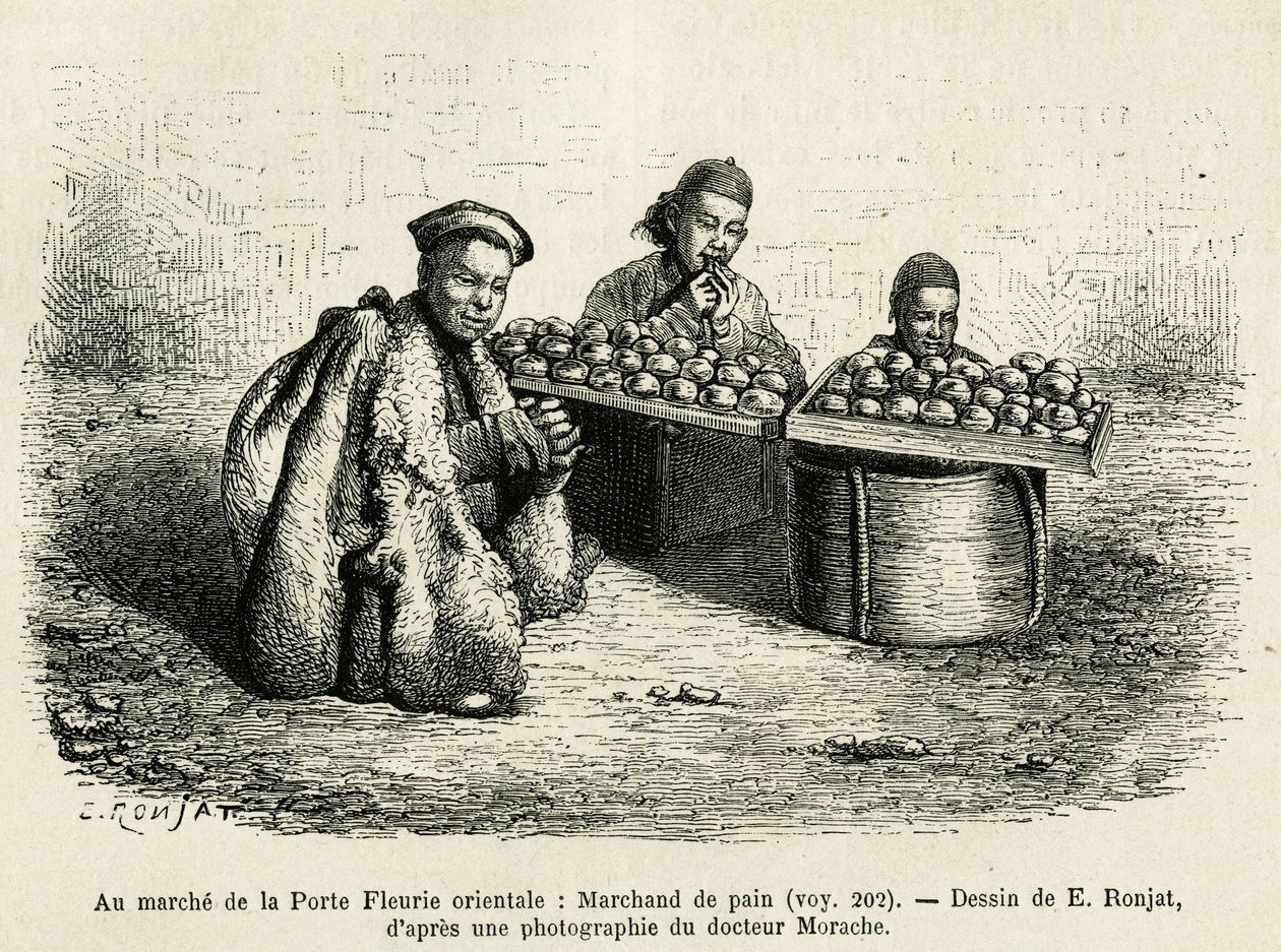 Le marchand de pain, au pied de la Porte de la Fleur Orientale du Palais Impérial à Pékin, une scène courante de la vie quotidienne (illustration du voyage à Pékin et en Chine du Nord, par T. Choutze, 1873, publié dans "Le tour du monde" 1876) - Etienne Antoine Eugene Ronjat