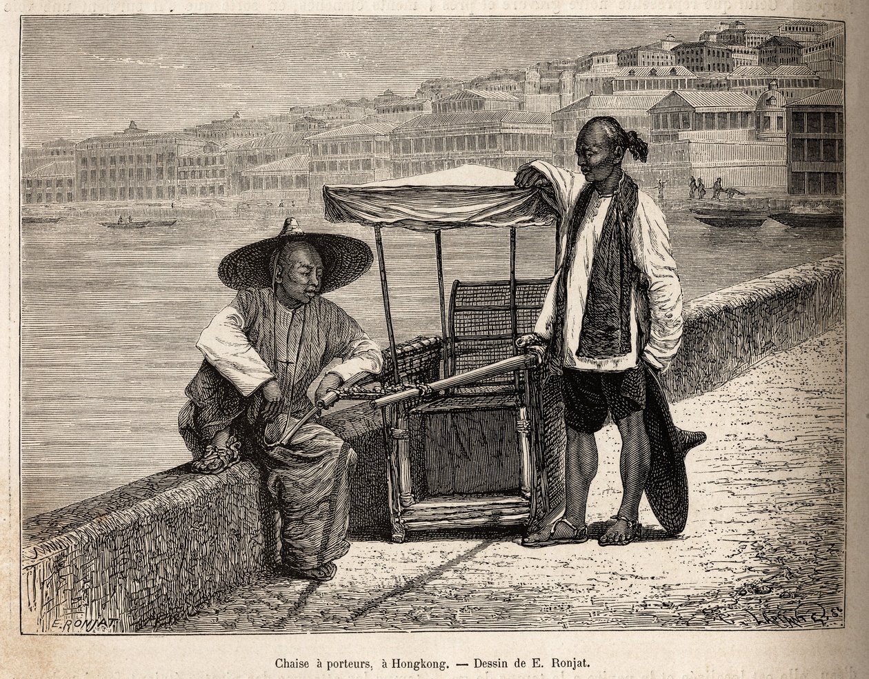 Deux porteurs au repos à côté de leur fauteuil roulant à Hong Kong, gravure d