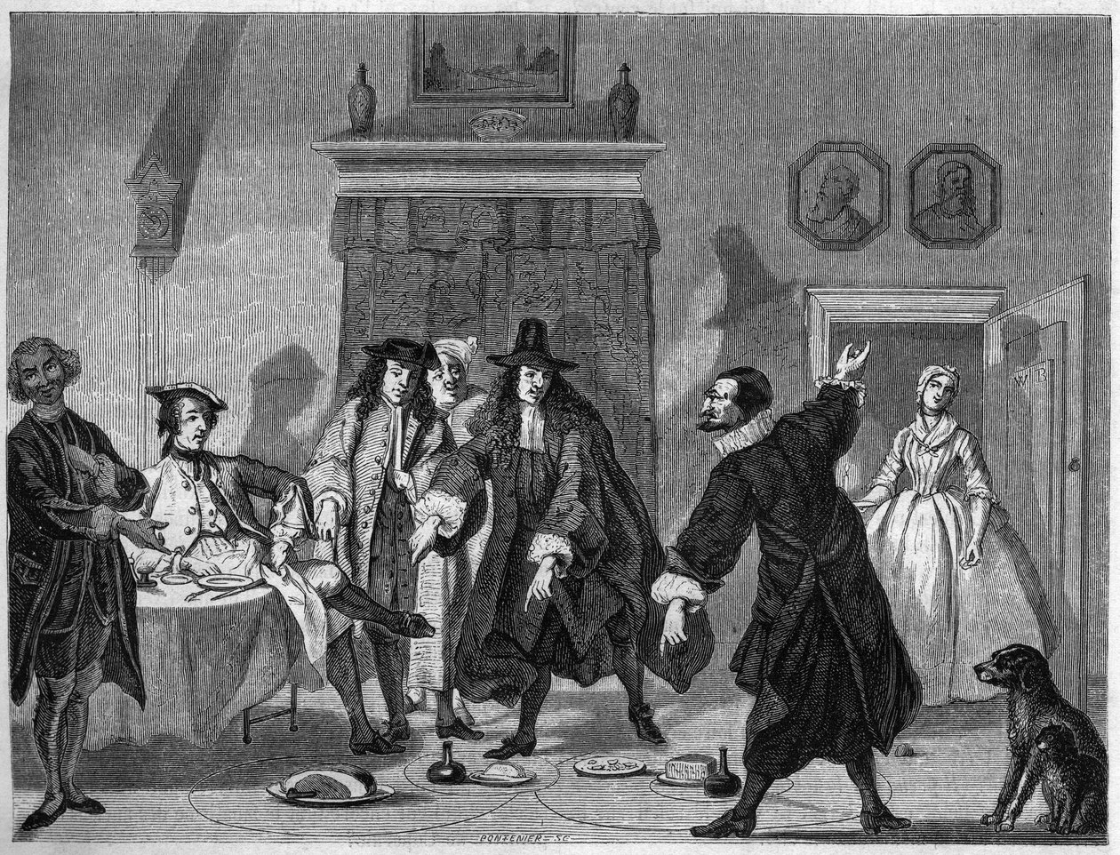 Scène de comédie dans un théâtre hollandais au XVIIIe siècle. Gravure par Bocour d
