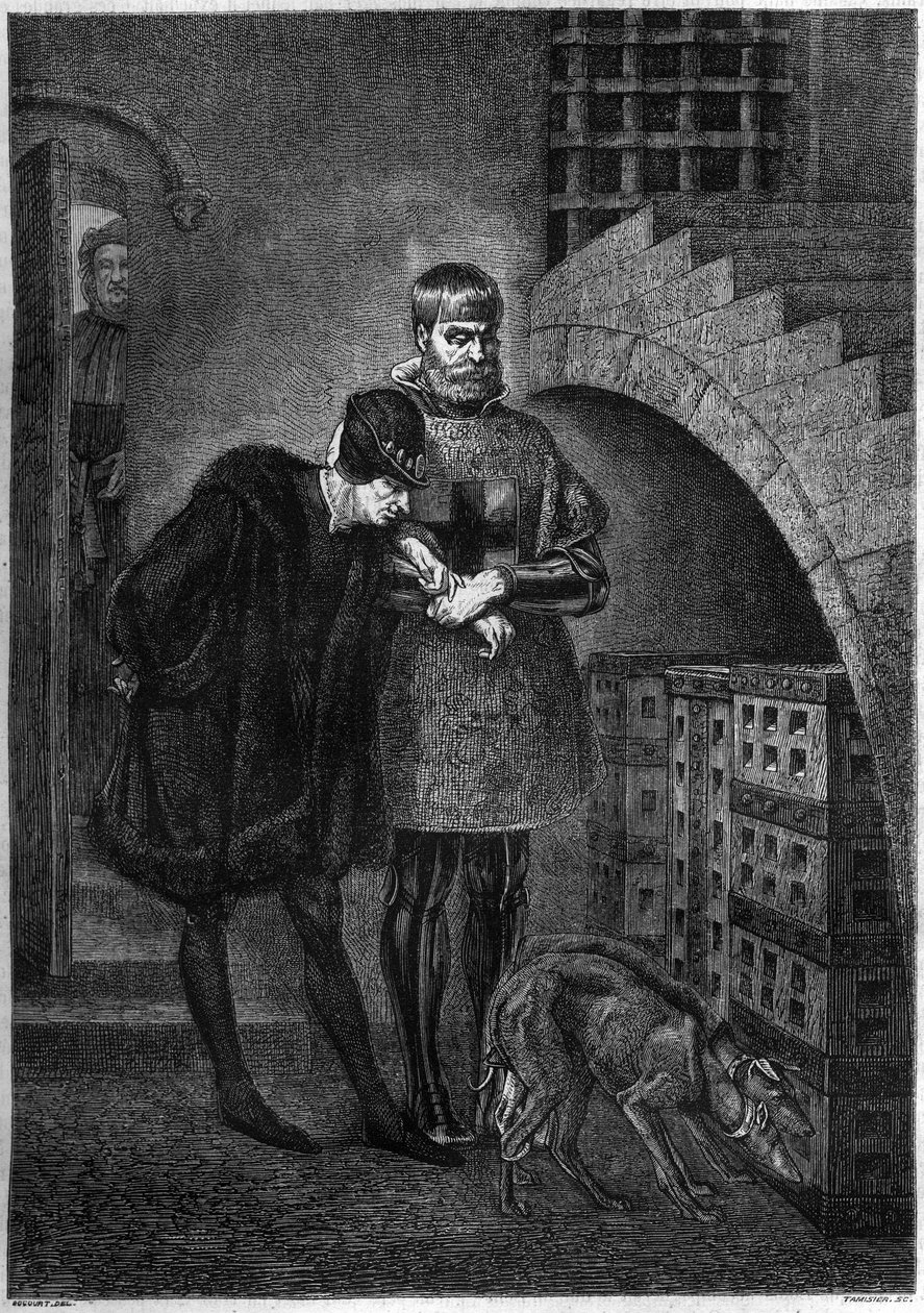 Le roi Louis XI de France (1423-1483) visitant le prisonnier Jean de La Balue (Cardinal Balue) (1421-1491), enfermé dans une cage de fer. Gravure par Bocour d