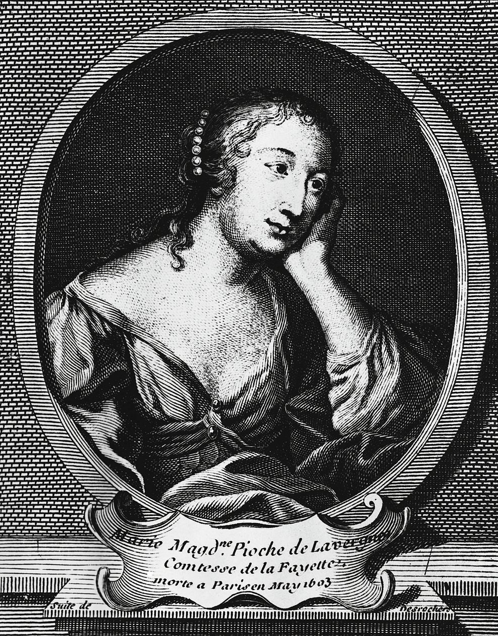 Portrait en médaillon de Marie-Madeleine Pioche de La Vergne, comtesse de La Fayette (1634-1693), romancière française, gravure par Etienne Jehandier Desrochers (1668-1741) - Etienne Jehandier Desrochers