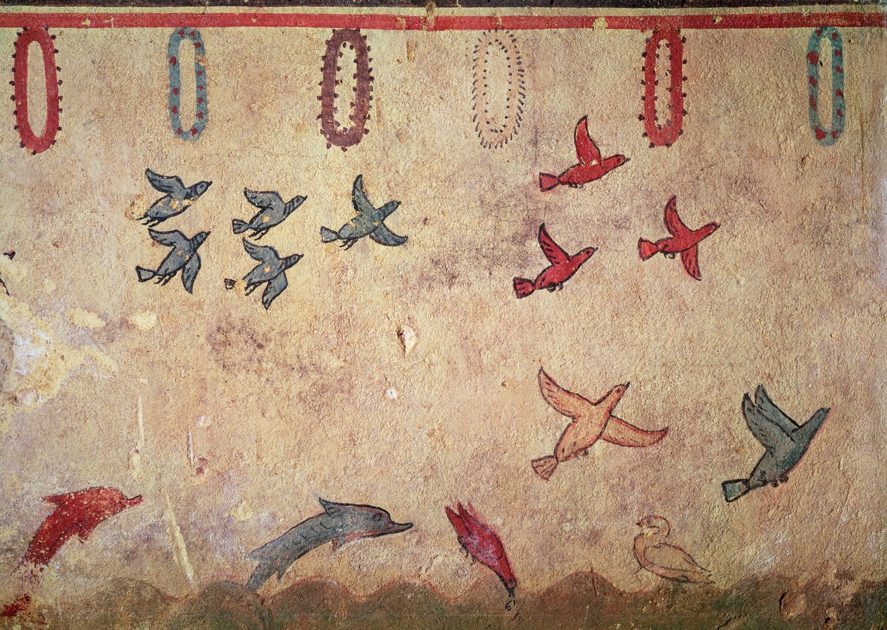 Oiseaux aquatiques et dauphins sautant, de la Tombe de la Chasse et de la Pêche, c.520-10 av. J.-C. - Etruscan