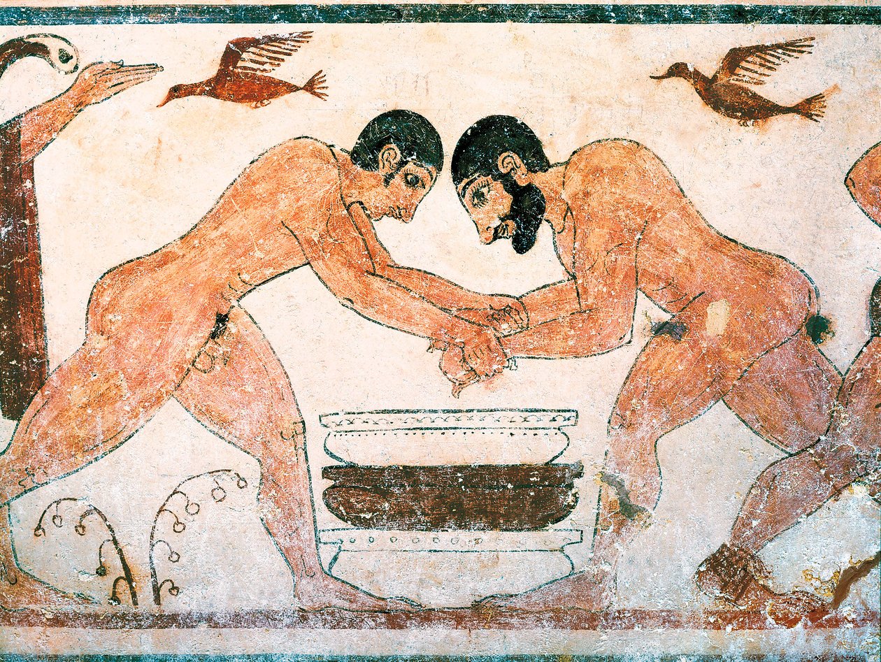 Art étrusque : Athlètes représentés dans la tombe des augures dans la nécropole de Monterozzi Tarquinia, près de Viterbe, Italie. Fresque du 6ème siècle av. J.-C. - Etruscan