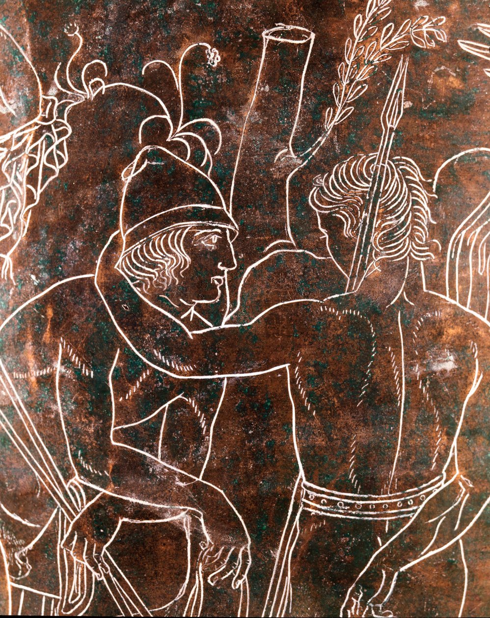 Art étrusque : détail du Ciste Ficoroni en bronze représentant la légende des Argonautes. De Préneste (Palestrina). 340 av. J.-C. Museo Nazionale di Villa Giulia, Rome - Etruscan